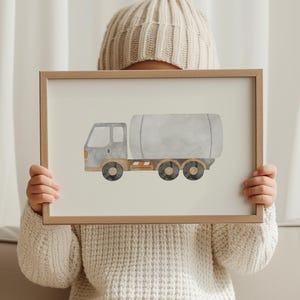 Minimalistischer Betonmischer Aquarell Wandkunst für Kinderzimmer Dekor, Baustellenfahrzeug Poster