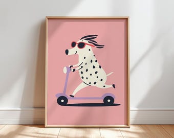 Dog on Scooter Print, Pink Nursery Art, Scandi Kids Room Decor (Digital Download)