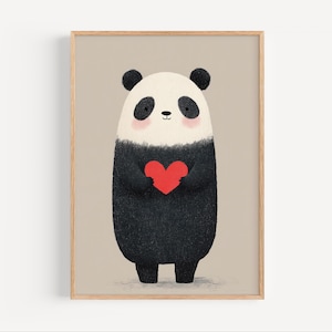 Panda mit rotem Herz Wandbild, niedliches Tierposter, Liebe, Nursery Print, Valentine Panda Art, Minimalist Kinderzimmer Dekor
