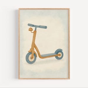 Scooter Poster for Kids Room, Blue and Tan Retro Nursery Wall Art, Boy Room Decor, Toddler Transportation Print, Digital Download Wall Art