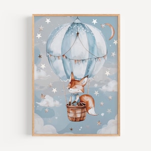 Poster di mongolfiera con volpe otticamente variabile - Arte pastello morbida per la cameretta dei bambini