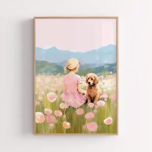 Blonde Girl and Goldendoodle, Pastel Dog Wall Art, Wildflower Meadow Print, Colorful Heaven Scene, Puppy Digital Download Artwork