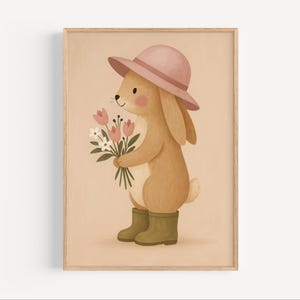 Bunny with flowers nursery print, cute rabbit wall art, baby room decor, digital download, woodland animal poster, printable bunny art