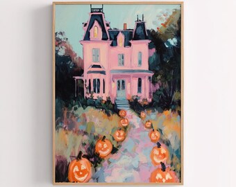 Pink Haunted House - Halloween Wall Art, Girly Spooky Decor, Digital Download