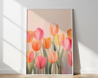 Cuadro de tulipanes para pared, pintura floral impresionista, lámina de prado en tonos rosa y naranja suaves (descarga digital)
