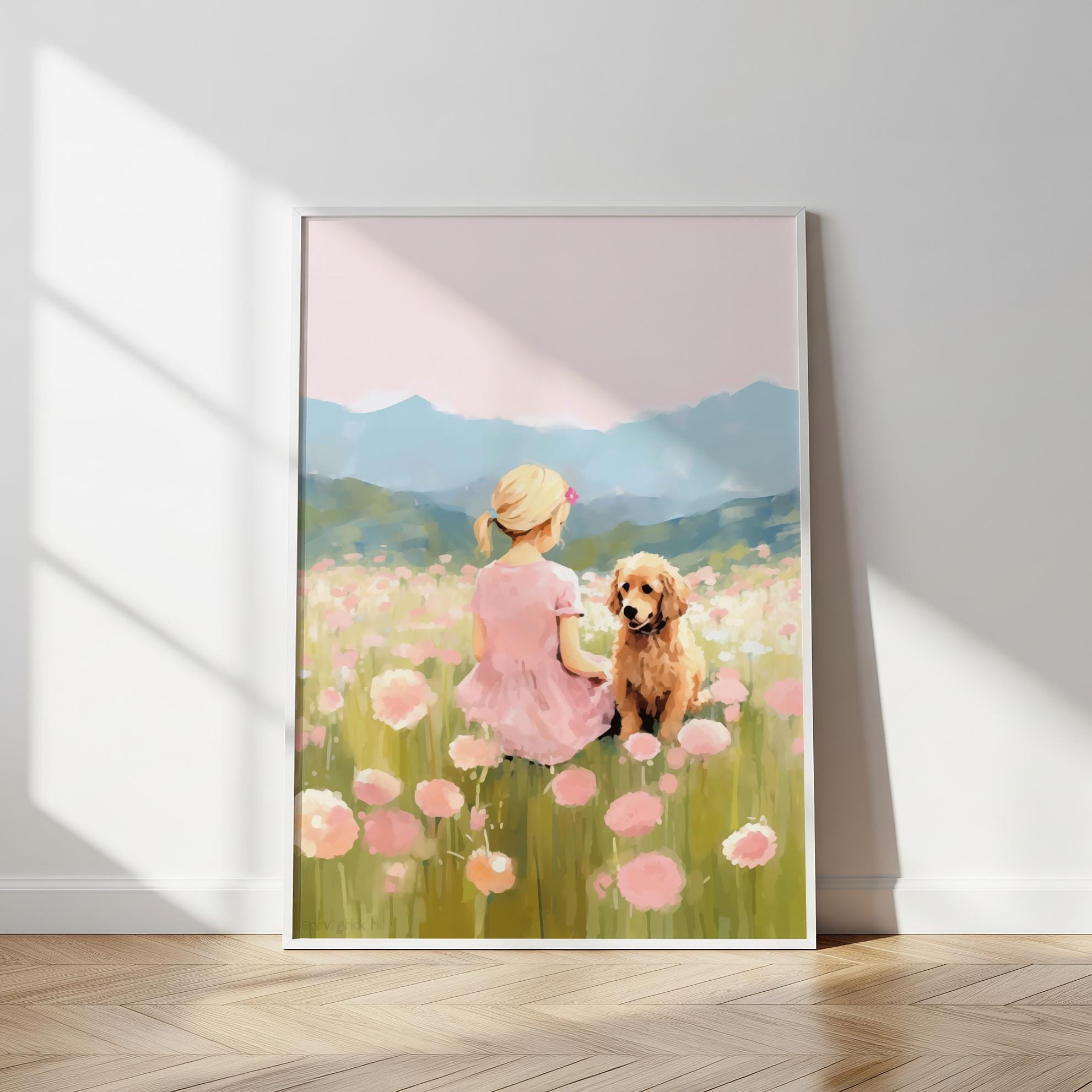 Girl and Dog Art, Wildflower Meadow Poster, Mountain Landscape 
