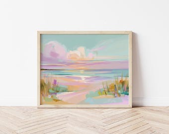 Beach Sunset Art, Pastel Coastal Landscape Print, Ocean Wall Decor, Digital Download