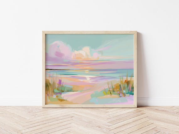 Beach Sunset Art, Pastel Coastal Landscape Print, Ocean Wall Decor, Digital Download