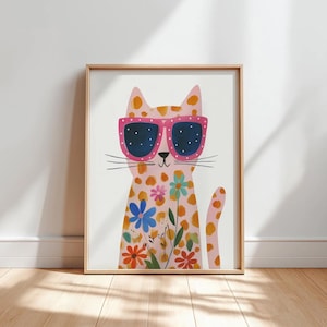 サングラスをかけたピンクの花柄猫の保育園用ウォールアート、子供部屋の装飾プリント