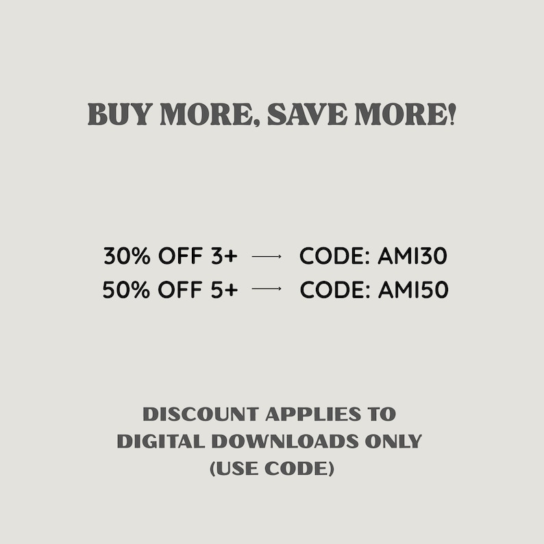 The image is a promotional image for a product, offering discounts on digital downloads. It features a 30% discount on items priced at 3+ and a 50% discount on items priced at 5+ or more. The code provided is AM130 and AM150, which are associated with the discounts. The image emphasizes the importance of using the code to apply the discounts, and it does not include any additional text beyond the discounts and the associated codes.