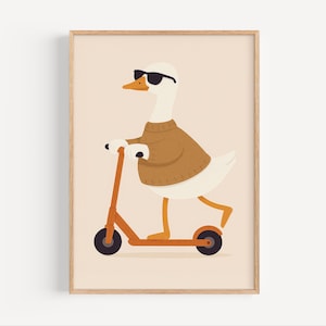 Impresión de ganso en scooter, arte animal digital para habitación infantil, póster imprimible para decoración de pared de guardería