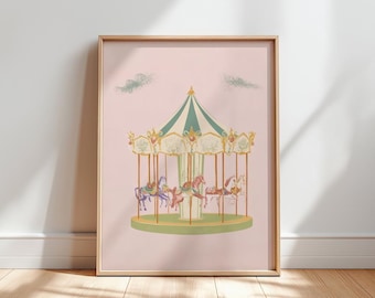 Vintage Carousel Horse Nursery Print: Pastel Whimsical Kids Wall Art (Digital Download)