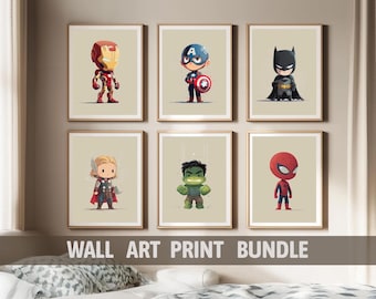 Superhero Wall Art Set 6 Prints Boys Room Decor Digital Posters Bundle