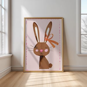 Cute Bunny Girl Printable Art – Brown Rabbit with Orange Bow, Nursery Wall Decor for Kids Room, Digital Animal Poster