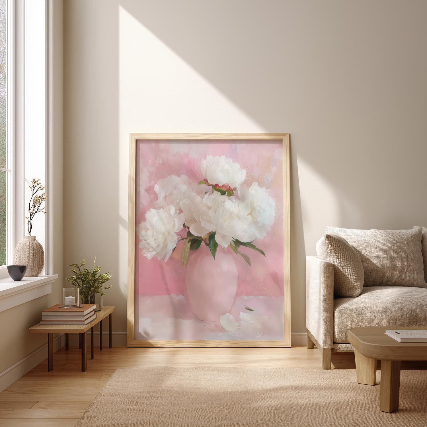 White Peonies Floral Print: Pink Vase Cottagecore Wall Art (digital ...