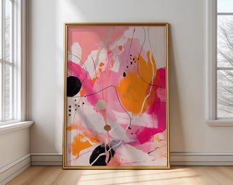 Impresión de arte abstracto: pinceladas atrevidas en rosa y naranja (descarga digital)