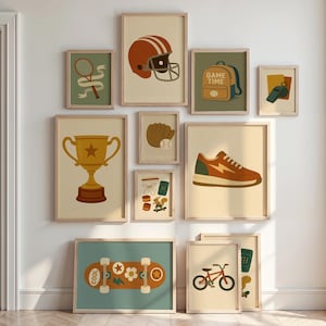 Lot de 13 oeuvres d&#39;art mural pour chambre d&#39;enfant, ensemble d&#39;affiches de sport vintage, oeuvre d&#39;art murale athlétique, décoration pour enfants, téléchargement numérique, casque, planche à roulettes, tirages de trophées