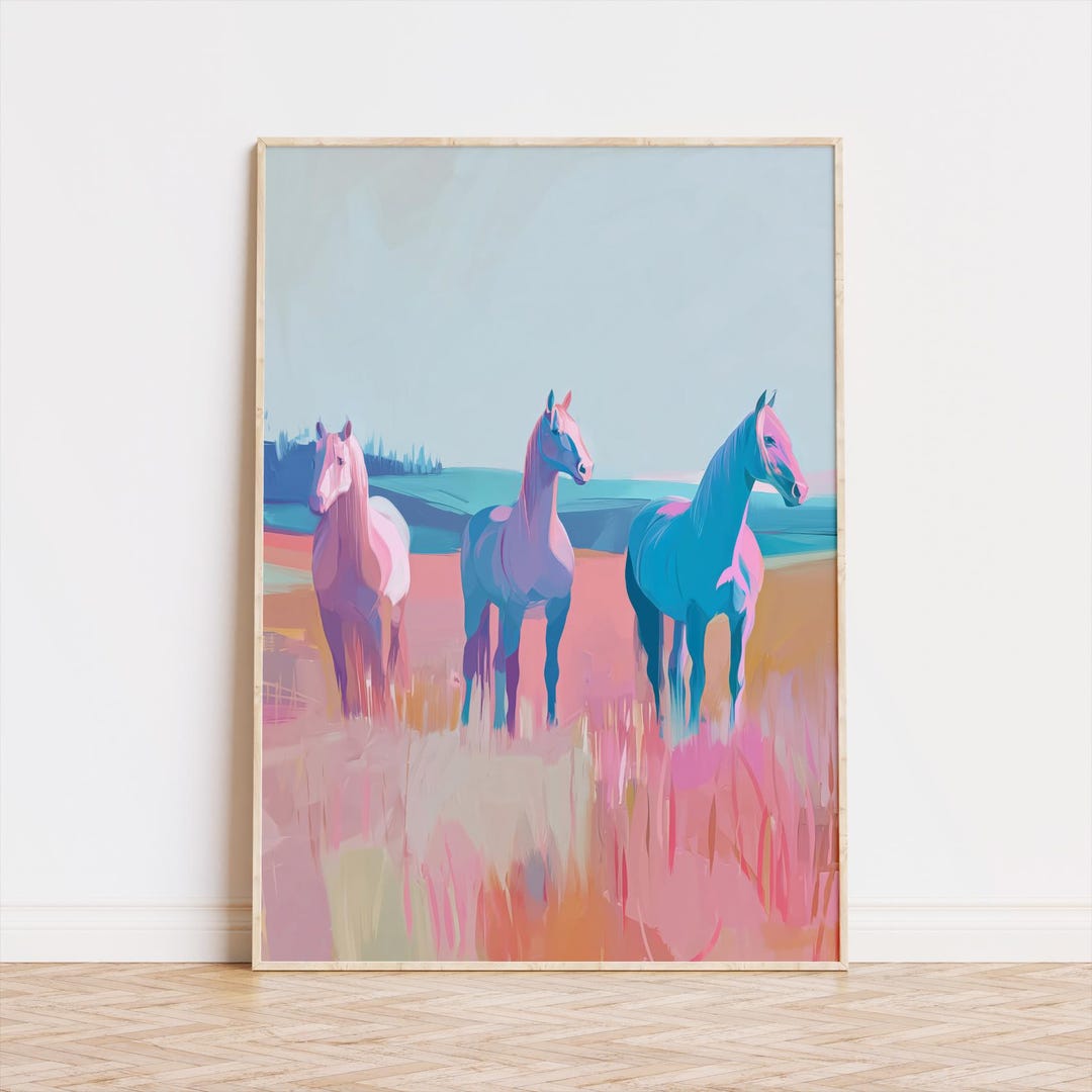 パステルカラーの野生馬のプリント：ボヘミアン風乗馬ウォールアート