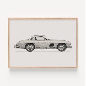 Mercedes 300SL Gullwing Poster – Classic Silver Retro Car Print, Vintage Car Wall Art for Boys Room or Man Cave Decor, Digital Download