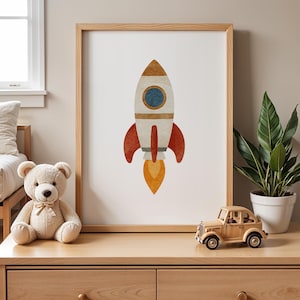 Poster di razzo - Arte murale spaziale ad acquerello per bambini / Decorazione da astronauta per la cameretta dei ragazzi / Stampa fisica per la cameretta dei bambini o la sala giochi