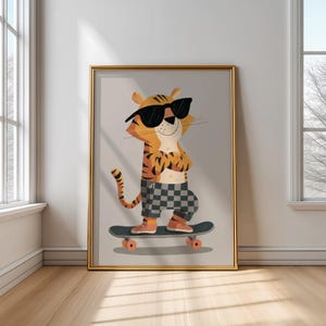 Skateboarding Tiger Kinderzimmer Wandkunst, Spielzimmer Poster, geschlechtsneutraler Tierdruck, Kleinkindzimmerdekor, digitaler Download, Kinderkunstwerk