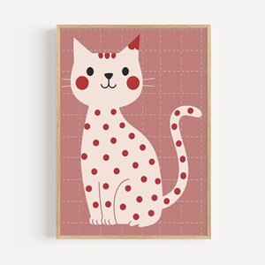 Poster colorato con gatto per bambini, vivace decorazione murale con animali, illustrazione di gatto rosa, decorazione stampabile per la cameretta dei bambini