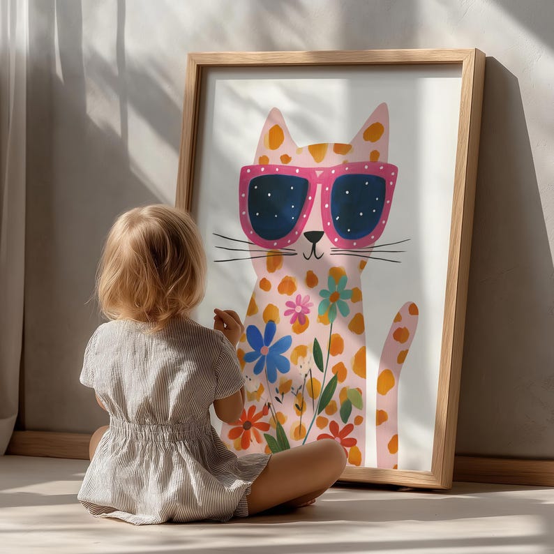 Pink Floral Cat With Sunglasses Nursery Wall Art Kids Room Decor Print ...