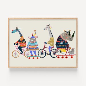 Arte mural de animales, póster colorido de animales, decoración para habitación infantil, divertido animal en bicicleta, arte infantil con animales, animales sobre ruedas, descarga digital