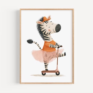 Decorazione murale con ballerina e zebra su monopattino, stampabile per la cameretta dei bambini, adorabile opera d'arte con animali per decorare la cameretta delle bambine.