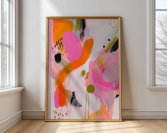 Impresión digital abstracta botánica: arte mural moderno en rosa y naranja, póster imprimible inspirado en la naturaleza, descarga instantánea