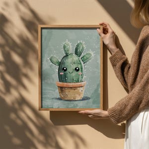 Niedliches digitales Poster Kaktus – Grünpflanze im Topf mit Smiley-Gesicht, druckbare Wandkunst für Kinderzimmer oder Kinderzimmer