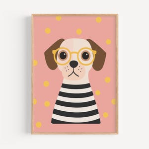 Moderna arte murale con cane con occhiali - Poster digitale di animali per la cameretta dei bambini, decorazione della cameretta dei bambini, camera da letto dei bambini