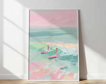 Tween Surfer Girl Print Pink Pastel Beach Art Digital Download Room Decor