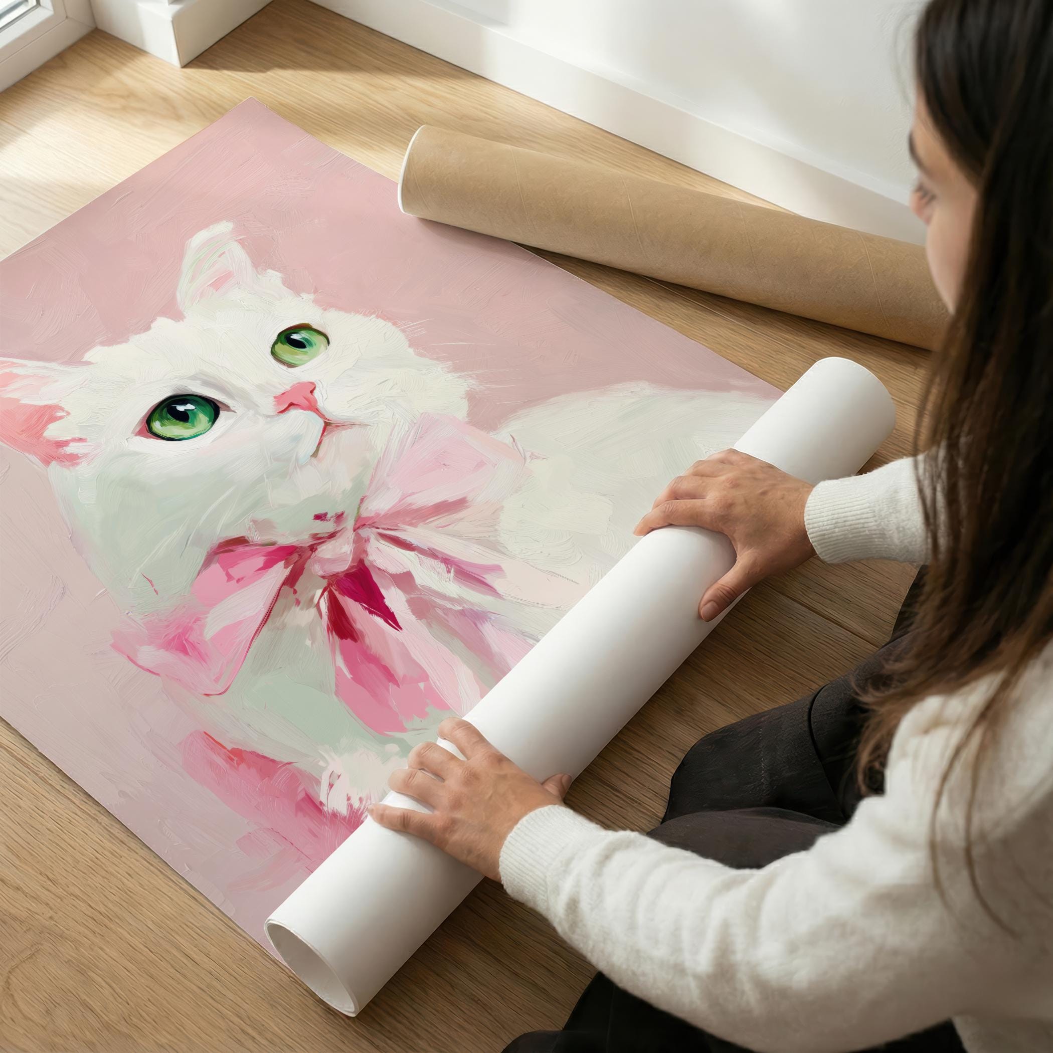 白い猫のウォールアート、コケットリボン猫のポスター、かわいい子猫の