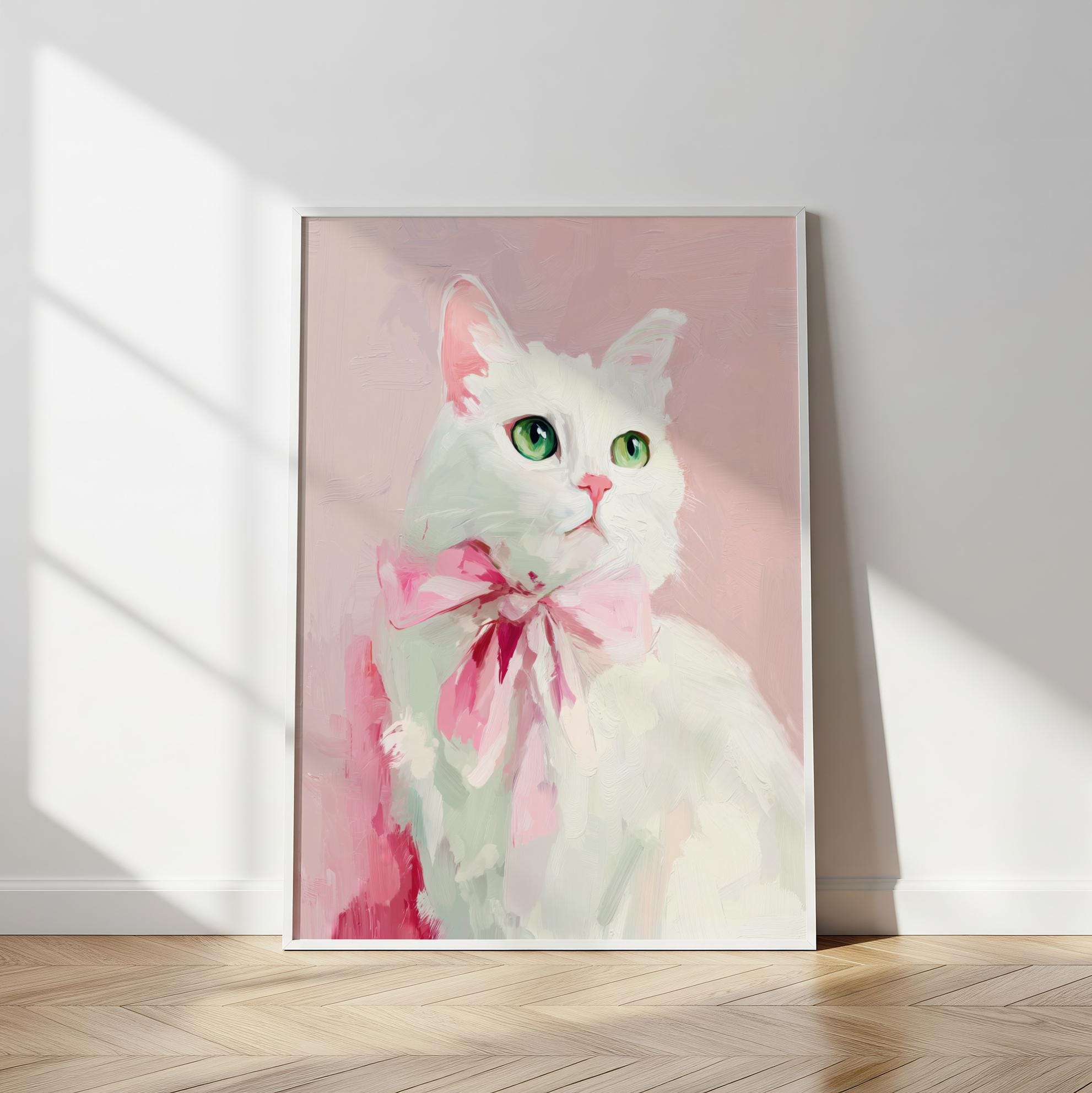 油絵　マミ　幸せを呼ぶピンク色の猫 白い猫の油絵、ピンクのリボンをつけた可愛い子猫のアート（デジタル