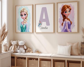 Set de arte infantil de Frozen, impresión con el nombre de Elsa y Anna, decoración personalizada para habitación de niña, póster digital