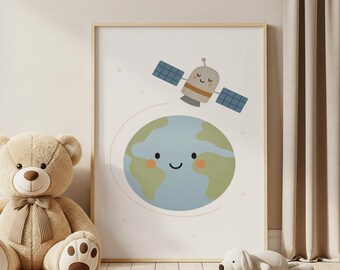 Space Nursery Print: Smiling Earth and Satellite Art (Digital Download)