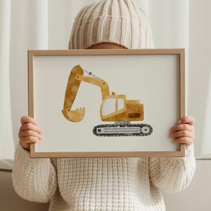 Stampa artistica vibrante di escavatore ad acquerello: poster di veicoli da costruzione per la cameretta dei bambini, decorazione per la cameretta dei bambini