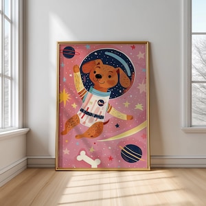 Space Dog Wall Art Print – Cute Animal Poster for Kids Room, Nursery or Playroom Decor – Gender Neutral Space Theme Dog Illustration
