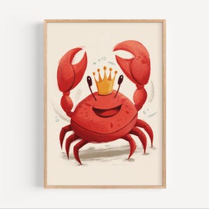 Afdrukbare muurkunst rode krab met kroon | Digitale download kinderkamerafdruk | Leuke oceaandierendecoratie voor kinderkamer