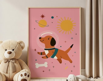 Space Dog Astronaut Poster, Pink Kids Room Art, Scandi Nursery Decor (Digital Download)