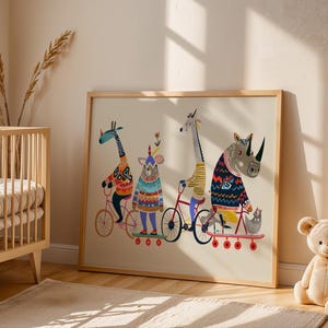 Arte de bicicleta com animais, decoração de parede divertida para quarto infantil. imagem 6