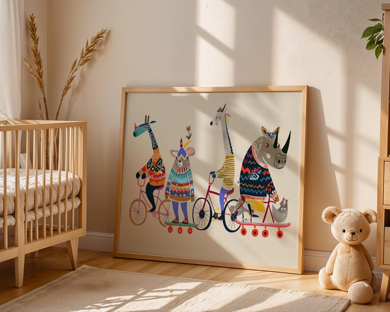 Arte de bicicleta com animais, decoração de parede divertida para quarto infantil. imagem 6