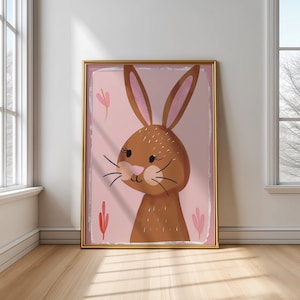 Girl Bunny Printable Wall Art – Cute Brown Rabbit with Pink Cheeks, Nursery Digital Poster, Kids Room Animal Decor Download