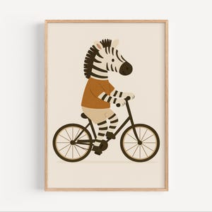 Zebra on Bicycle – Modern Animal Nursery Wall Art for Kids Room – Scandinavian Style Printable Art for Baby Boy or Girl
