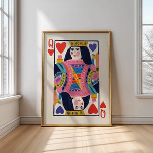 Queen of Hearts Art Print | Bold Playing Card Wall Decor | Maximalist Digital Download | Colorful Dopamine Decor | Preppy Room Art