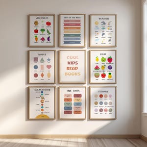 Paquete de pósteres educativos para niños: láminas de aprendizaje sobre los días, las formas, las frutas, las verduras, el clima y el sistema solar.