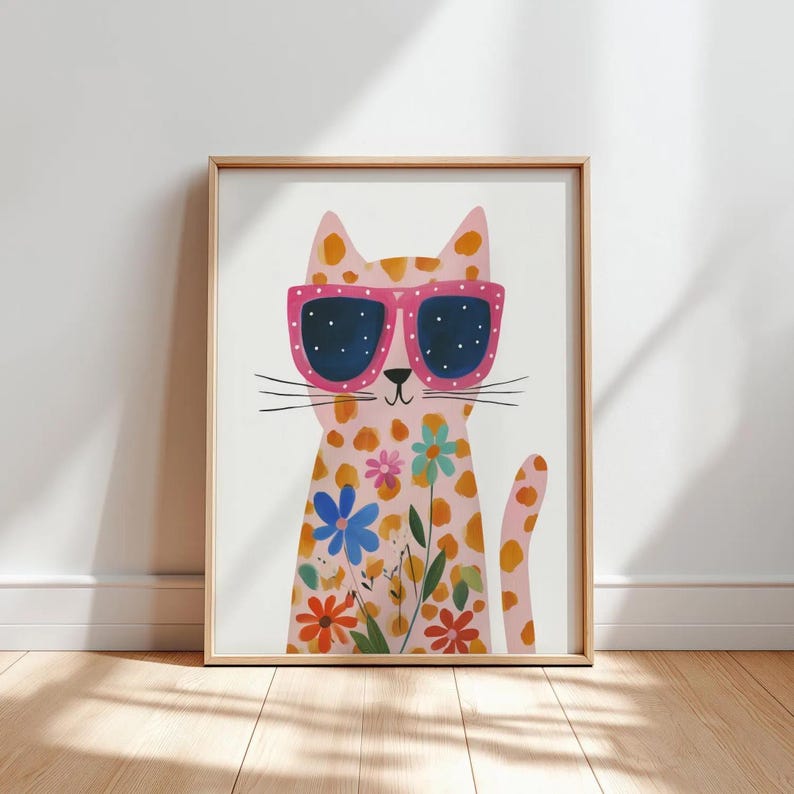 Pink Floral Cat With Sunglasses Nursery Wall Art Kids Room Decor Print ...