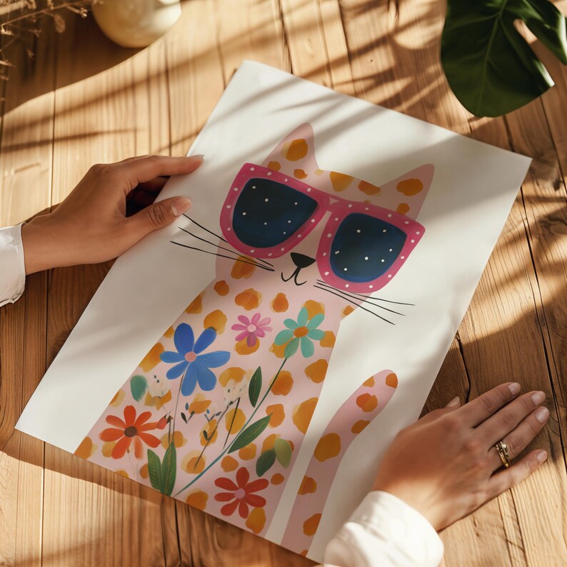 Pink Floral Cat With Sunglasses Nursery Wall Art Kids Room Decor Print ...