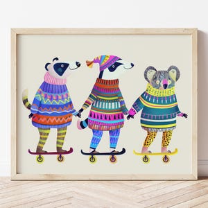 Skateboarding Animals Digital Art Print, Koala Badgers Holding Hands Poster, Colorful Nursery Wall Decor, Kids Room Printable Illustration